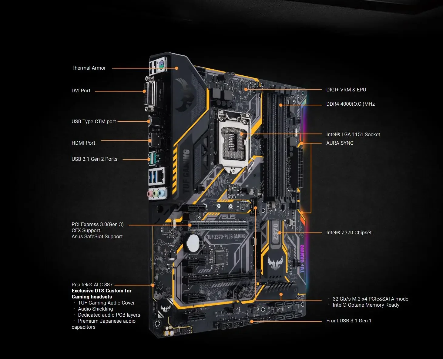 Description Picture 2 of itemASUS TUF Z370-PLUS GAMING Z370 Motherboard Socket LGA 1151 i7 i5 i3 DDR4 PCI-E 3.0 SATA3
