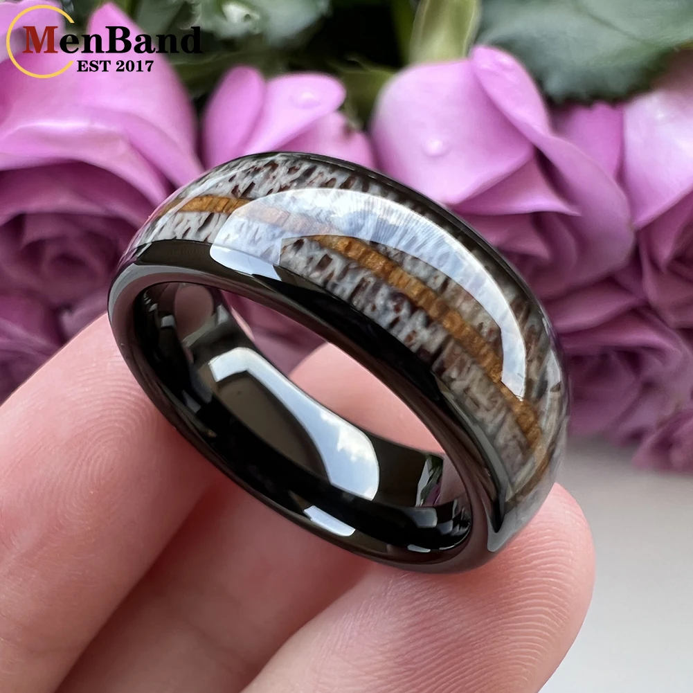 MenBand Fashion 8MM Men Women Black Tungsten Carbide Wedding Ring Deer Antler And Cherry Wood Inlay Dome Polishing Comfort Fit