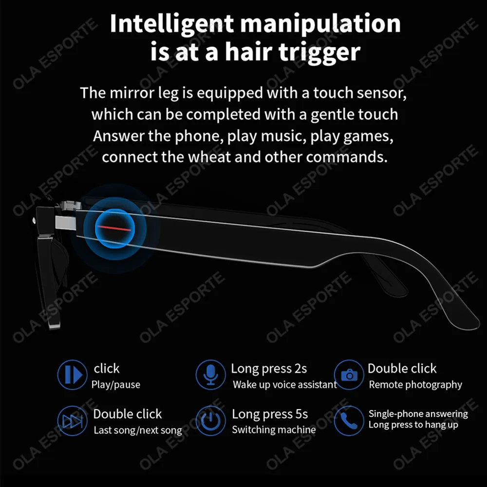 Smart Glasses Camera Remote Shoot Bluetooth Music Driving Headphones Call Sunglasses AI Voice Assistant Binaural Touch For Men