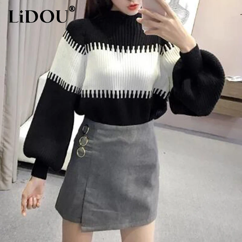 

Autumn Winter Korean Style Half High Collar Fashion Patchwork Jumper Loose Casual Sweater Women's Lantern Long Sleeve Pullover