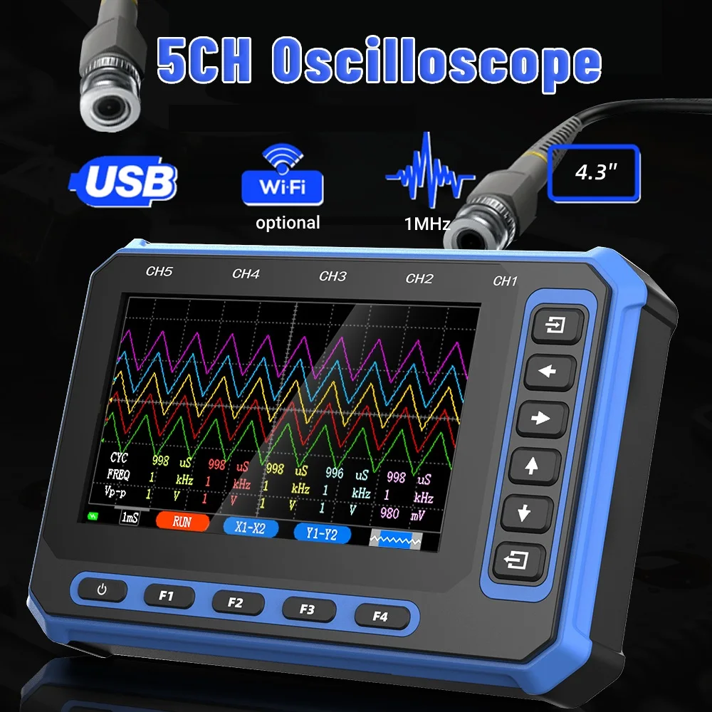 TOOLTOP OS-5C 5 Channels USB + WiFi Digital Oscilloscope 4.3 Inches 3Msps Simpling Rate Rechargeable Portable Wireless Oscilloscope