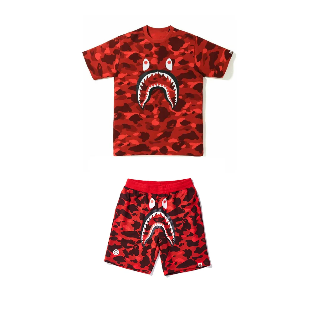 

Summer new Bapes Shark Short Sleeve Shorts 2-piece 3D digital printed fashion trend T-shirt set for men and women Youth Sports