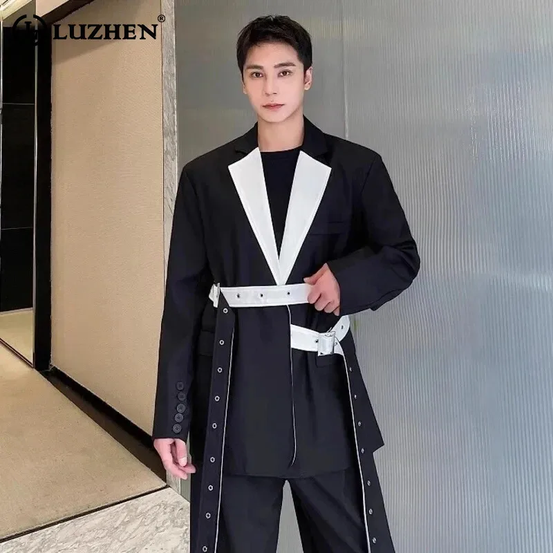 LUZHEN 2024 New Trendy Color Contrast Splicing Design Belt Decorate Elegant Casual Blazer Jacket Men's High Street Coat LZ2671