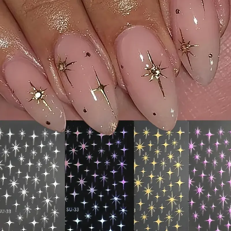 2 uds Y2K Starburst pegatinas para decoración de uñas decoraciones de manicura francesa doradas y plateadas brillantes para uñas DIY