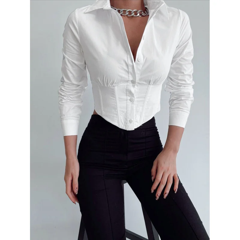 

White Versatile High-Waist Blouse Workplace Commuter Sexy Top Niche Design Shirt Women's Clothing Yy18