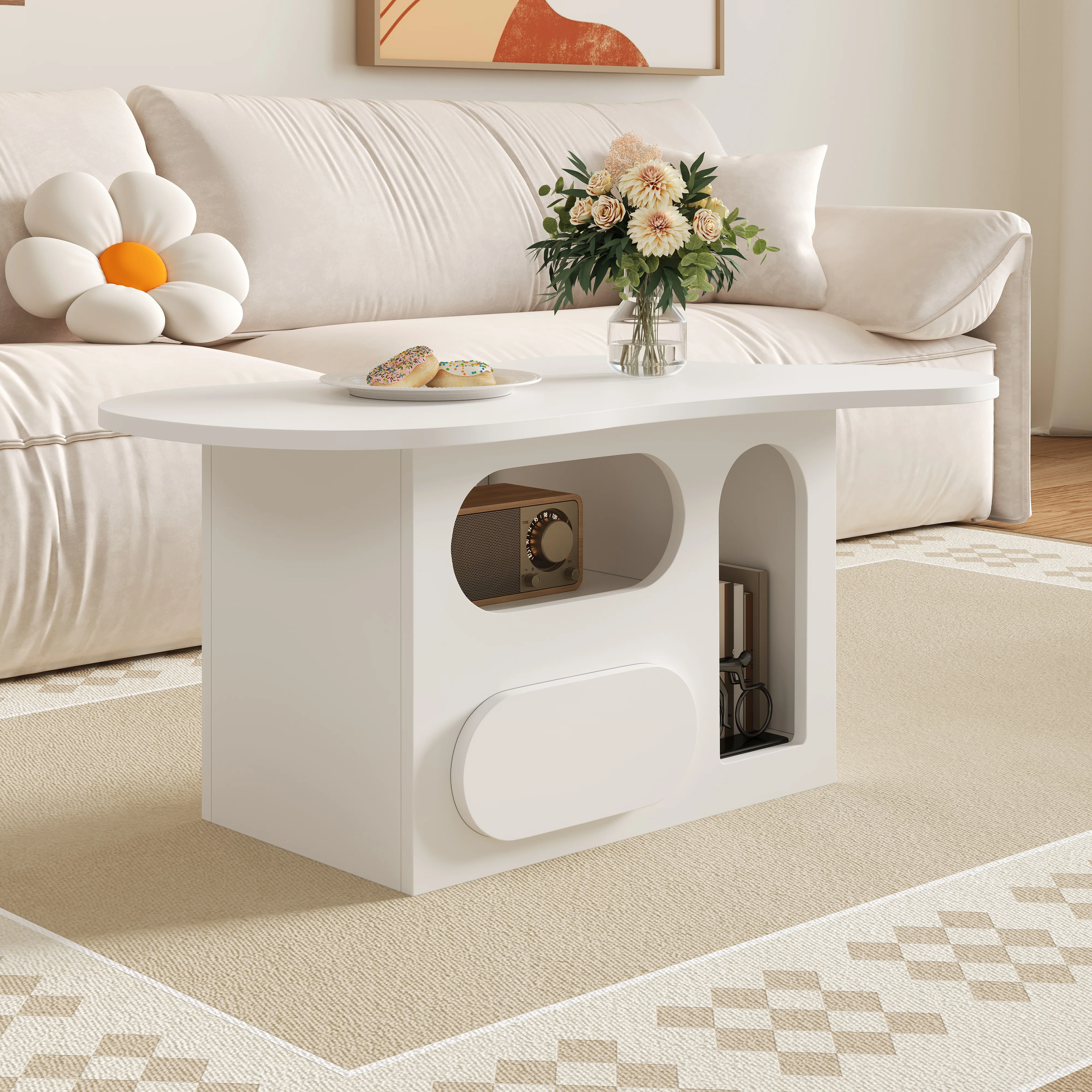 PINGGO Wolkenförmiger Couchtisch 97x45x43,5cm mit Schubladen und offenen Ablagefächern Wohnzimmermöbel – Detail 5