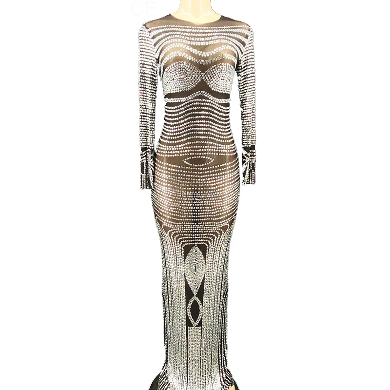 

Rhinestone Women Luxury Transparent Black Mesh Long Dress Show Outfit Wedding Birthday Party