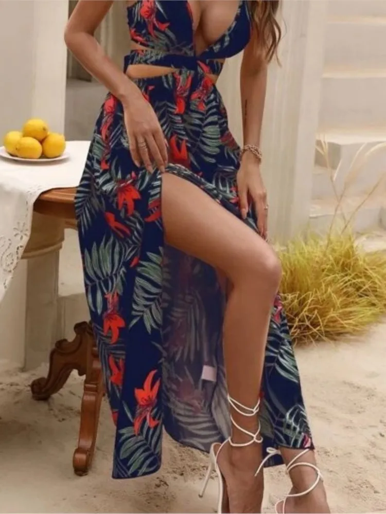 Print Halter Neck Slit Dresses Women Sexy Deep V-neck Hollow Out Backless Bowknot Leace-up Long Dress Female Streetwear Vestidos