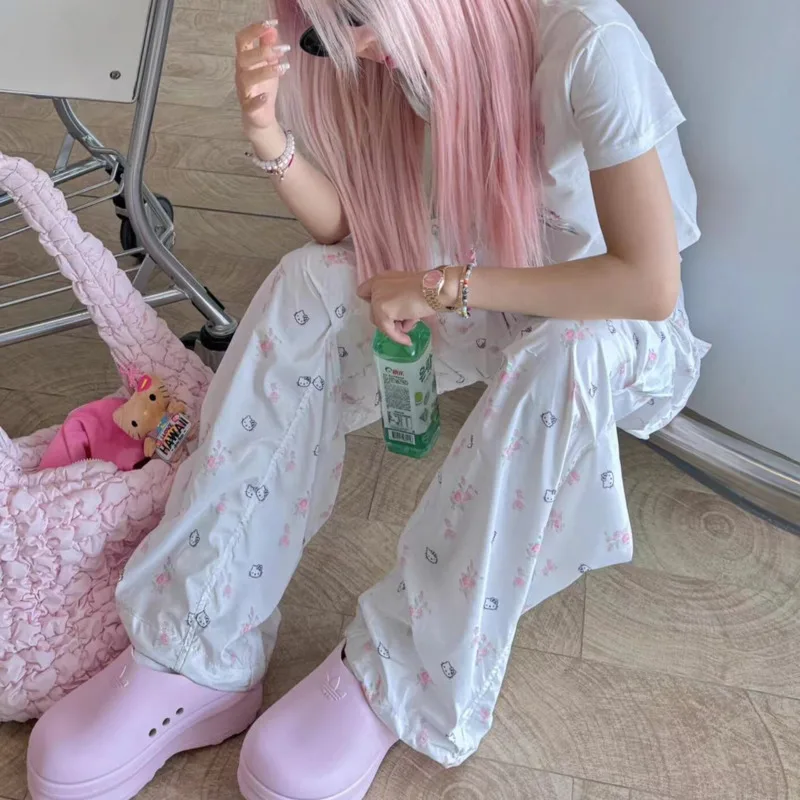 Kitty Floral Long Pants Rivet Pants Summer 2024 Sanrio Casual Drawstring Printed Wide Leg Pants High Waisted Straight Leg Pants