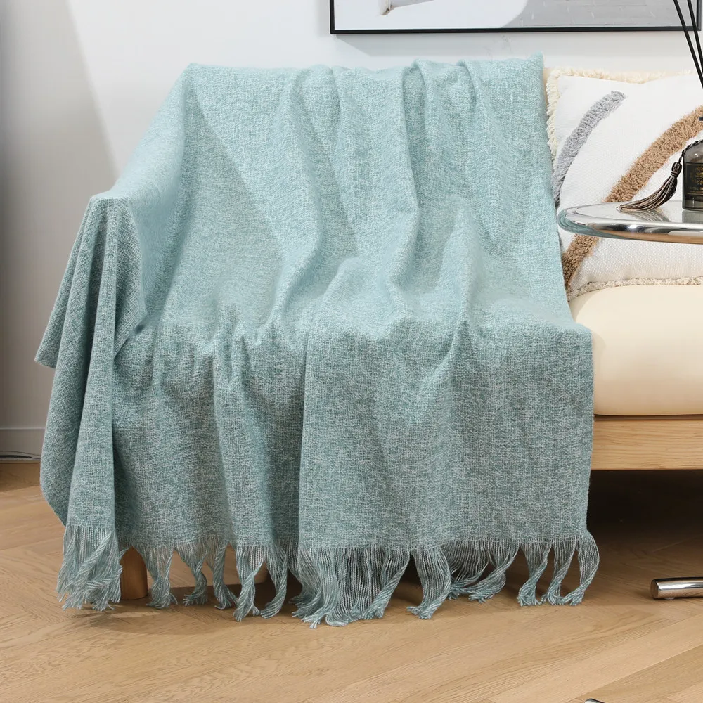 

New Light Sky Blue Soft Solid Minimalist Color Large Sofa Throw Light Travel Cozy Farmhouse Blanket with Fringes For Winter