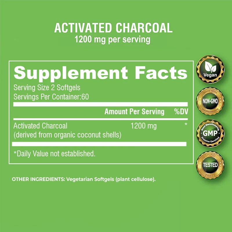 Activated Charcoal Capsules Used To Relieve Bloating and Detoxify The Body Promoting Intestinal Health