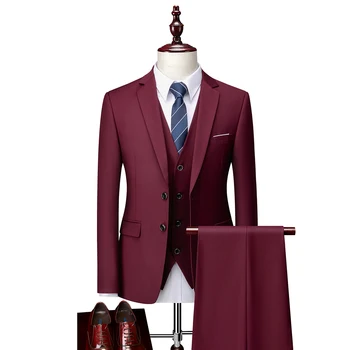 Men Slim Business Casual Suits Dress Three-piece Set Jacket Pants Vest / Male Wedding Groom Blazer Coat Trousers Waistcoat 24
