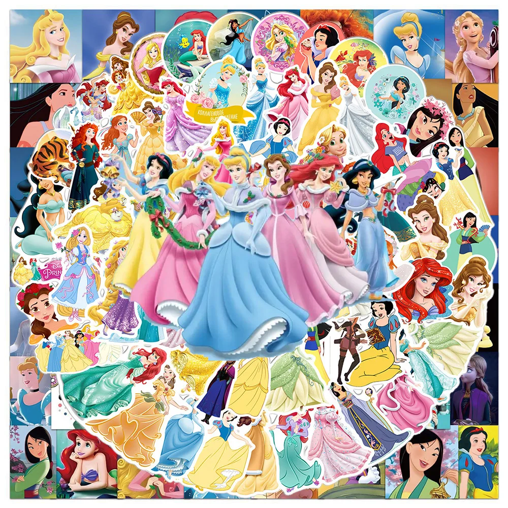 50/100pcs Disney Princesses Mixed Kawaii Stickers Graffiti Decals DIY Luggage Tablet Water Bottle PVC Cartoon Sticker Kids Gifts