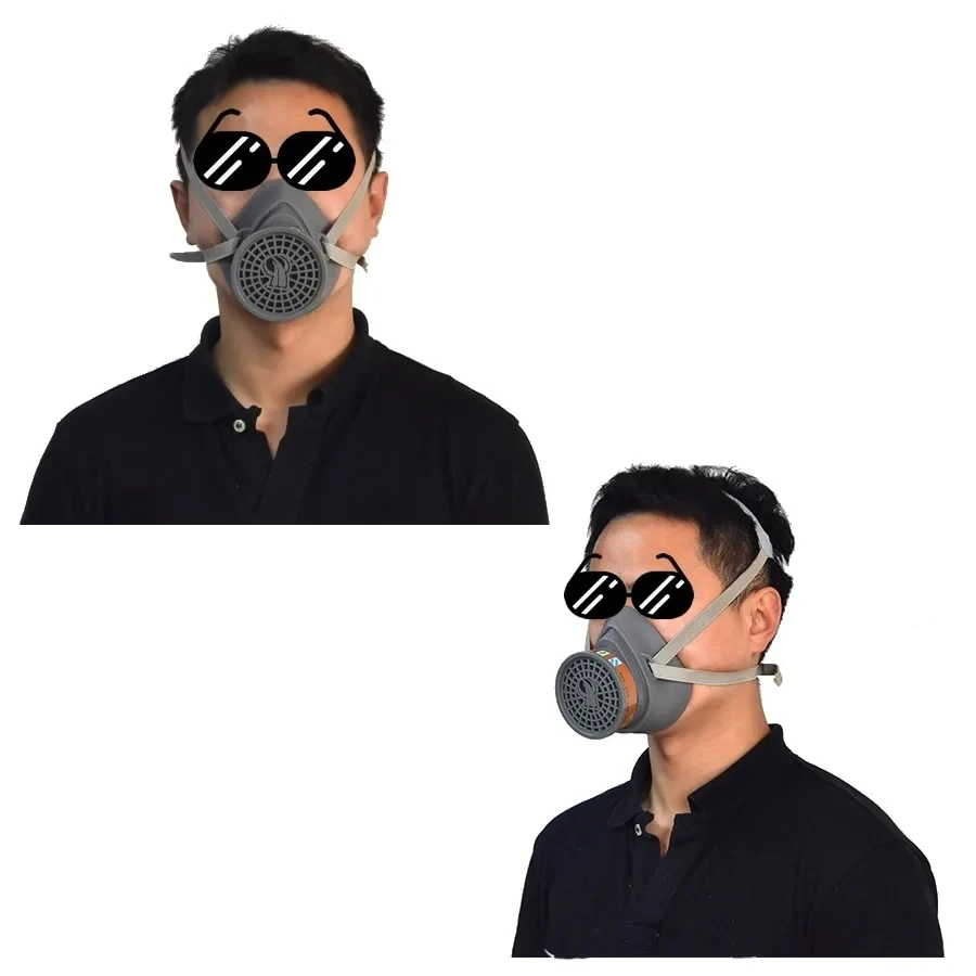 Masque respiratoire chimique avec filtre à charbon porté par un utilisateur, illustrant son utilisation pour la protection anti-poussière