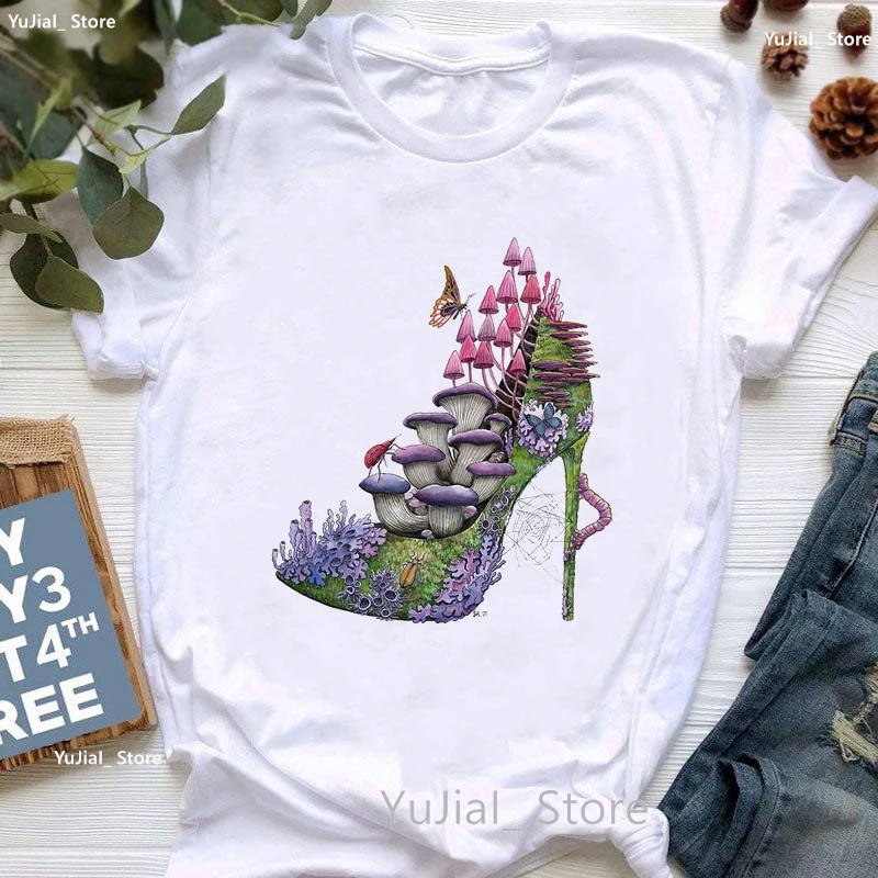

Funny High Shoes T Shirt Women'S Clothing Lovely Mushroom Tshirt Femme Summer Fashion Short Sleeve T-Shirt Female Streetwear
