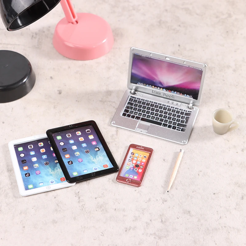 6/7 teile/satz antike Puppenhaus Miniatur Laptop Telefon Tablet Schreibtisch lampe Bleistift Buch Tasse Modell Puppenhaus lernen Dewk Szene Dekor – Detail 1