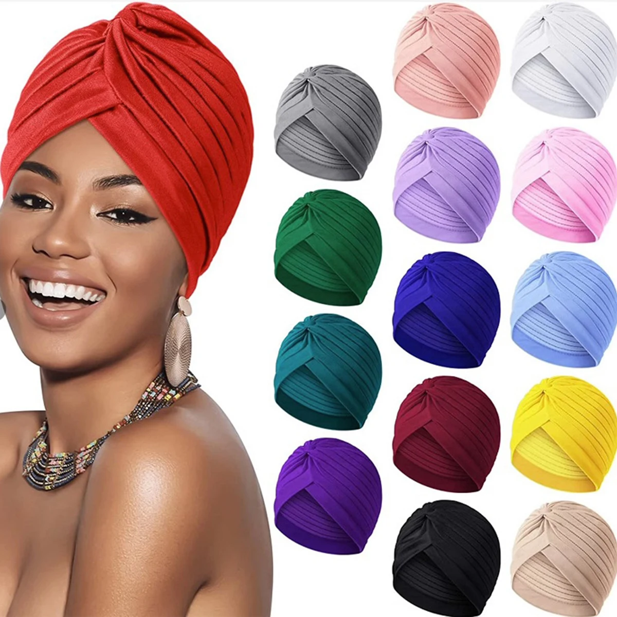 

Muslim Women Soft Stretch Turban Hat Pre-Tied Head Scarf Printed Ladiess Cotton Cancer Chemo Cap Inner Hijabs Hair Accessories