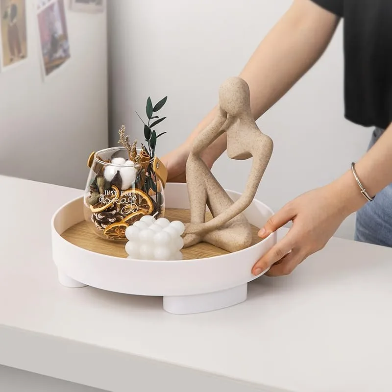 Wooden Bathroom Storage Tray Countertop Organizer Trays Vanity Counter Storage Shelf Round Cosmetic Holder Decorative Box 2