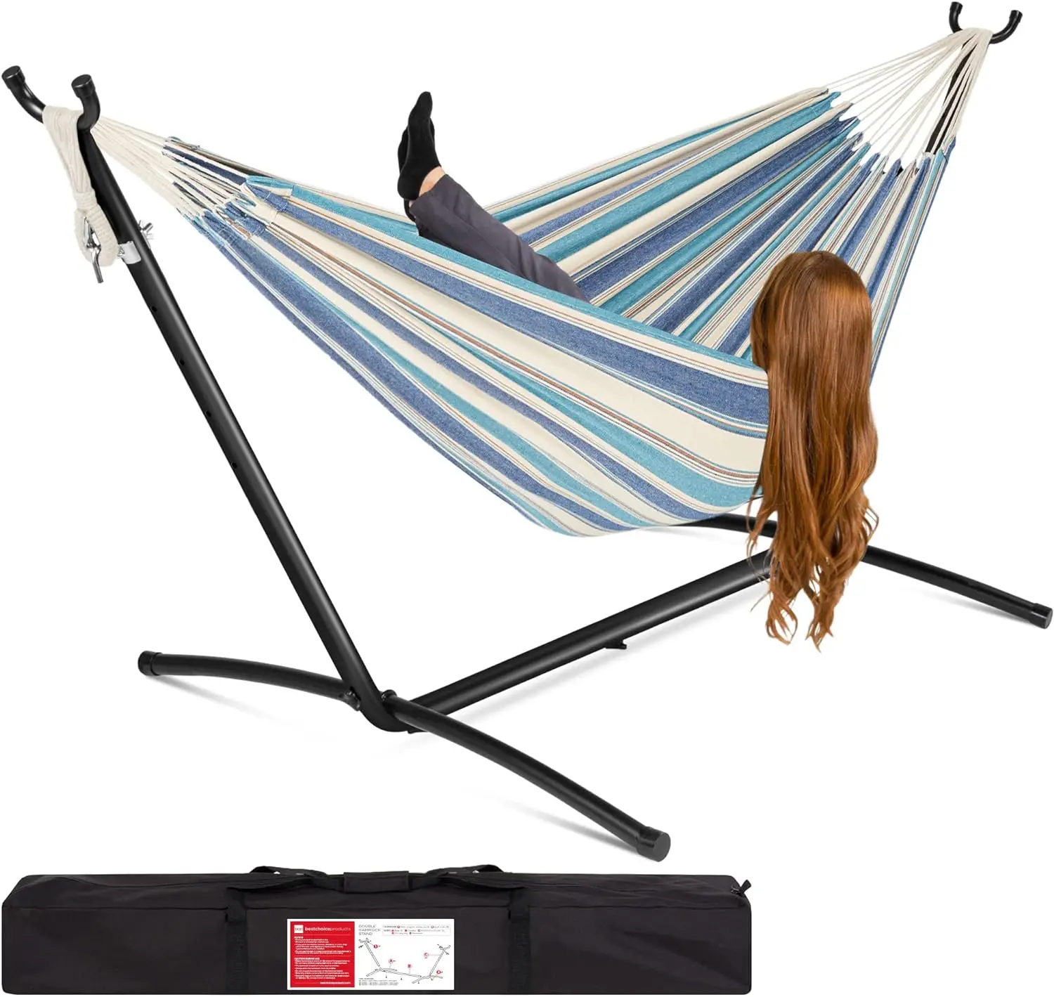 

Double Hammock with Steel Stand, Indoor Outdoor Brazilian-Style Cotton Bed w/Carrying Bag, 2-Person Capacity - Ocean