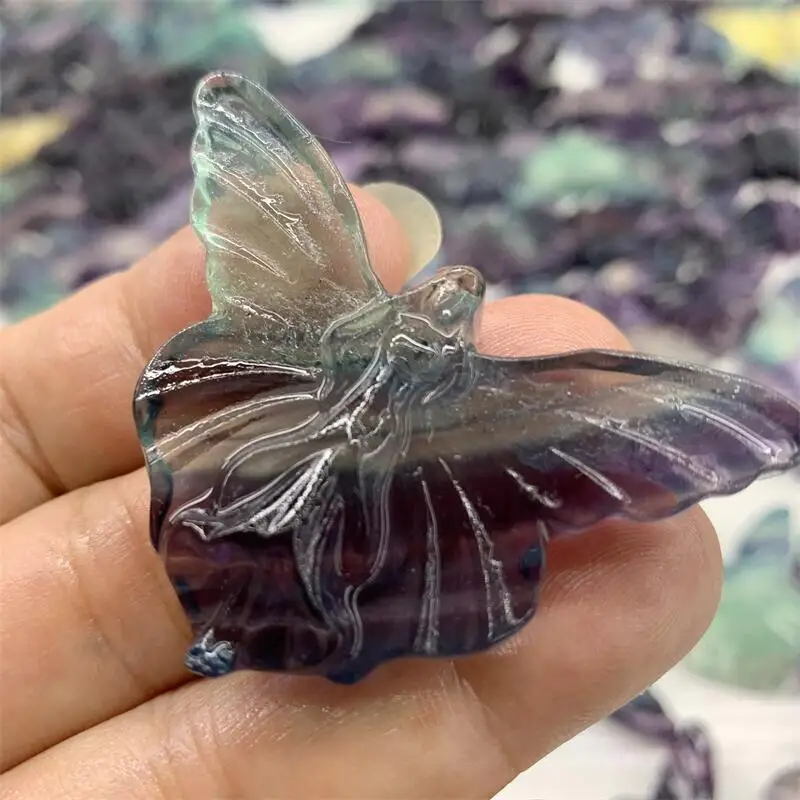 

Натуральный флюорит, Бабочка, сказочный ангел, статуя, ручной минерал, Современное украшение для дома, каменные поделки, праздничный подарок, 1 шт.