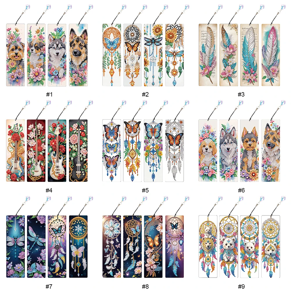 4Pcs Special Shape Flower Puppy Diamond Bookmark 5D DIY Diamond Painting Art Projects with Pendant Diamond Art Painting Kit Diamond Painting Set Diamond Painting Accessories