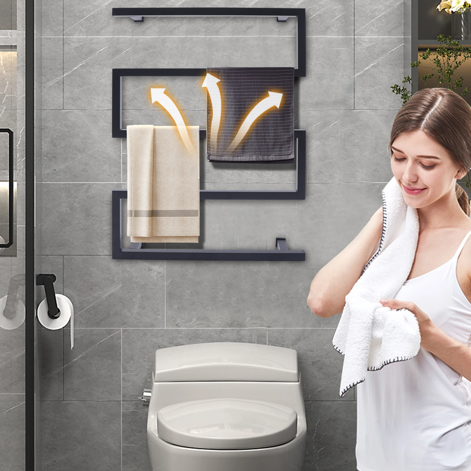 Black 304 Stainless Steel Electric Towel Warmer Towel Warmer Rack With 5 Bars Wall-Wounted Drying Rack For Bathroom