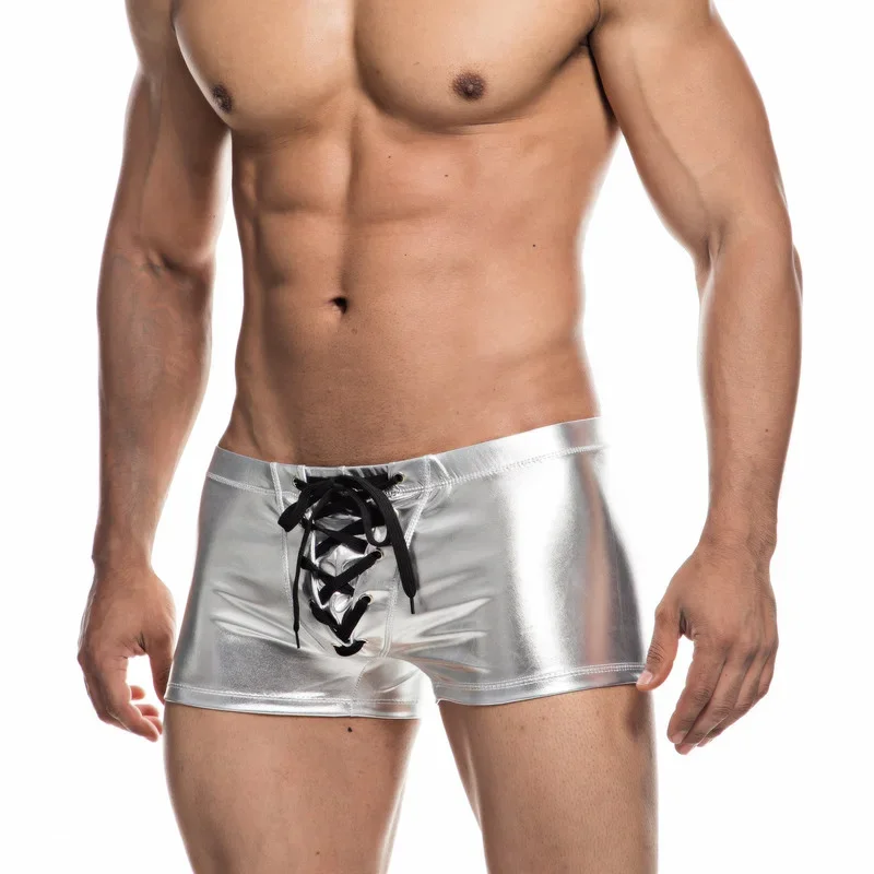 

Men's Lace Up Patent Leather Boxers Faux Leather Underwear Sexy Male Panties Home Shorts Underpants Lingerie Gay Clubwear Outfit