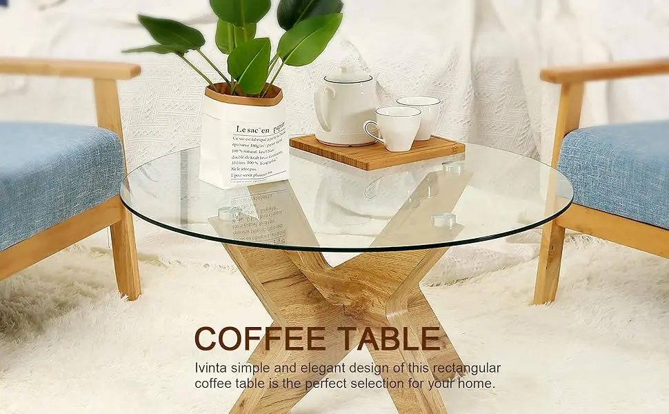 Glass Coffee Table Round Industrial Design with Wood Frame for Living Room Home Dining Room