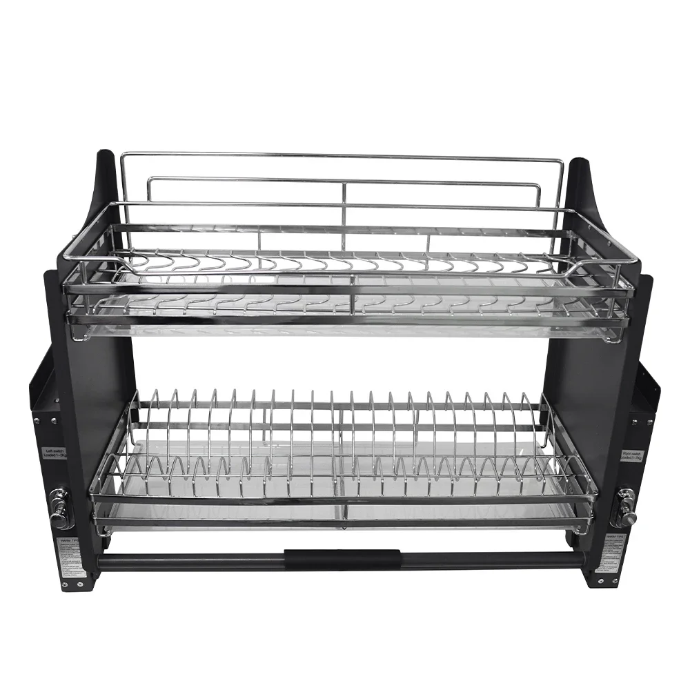 Double Layered Kitchen Basket, Thickened Stainless Steel, Lifting and Lowering Cabinet Storage Rack, Dual Level Setting
