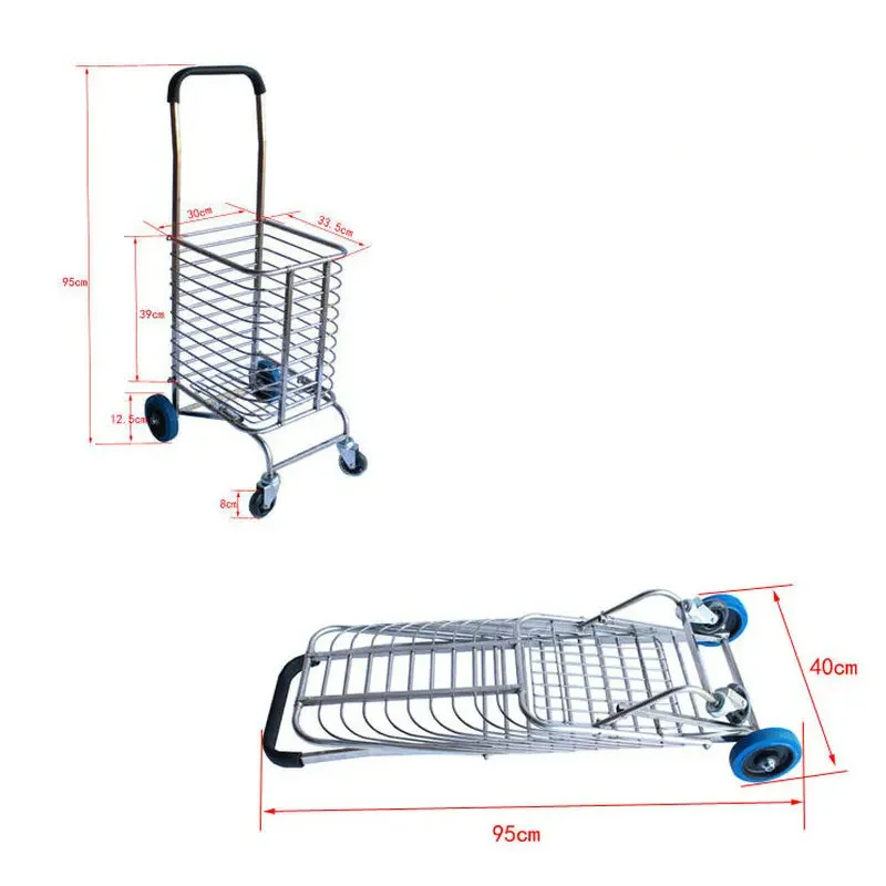 Stainless Steel Grocery Shopping Cart Can Load 75KG, Foldable Hand Dolly, Portable Supermarket Basket