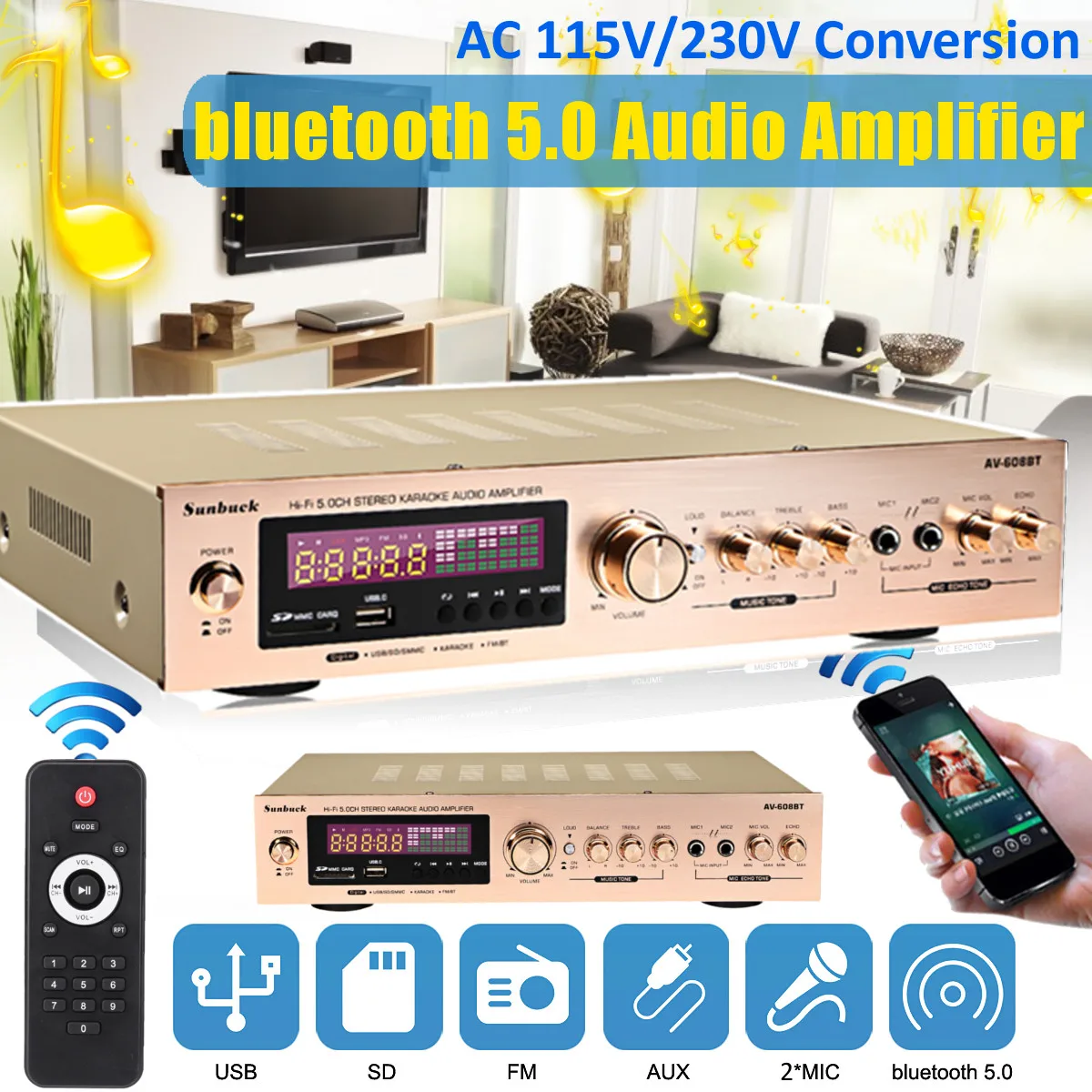 Bluetooth 5.0 Amplifier Home Karaoke Player Stereo Audio Amp