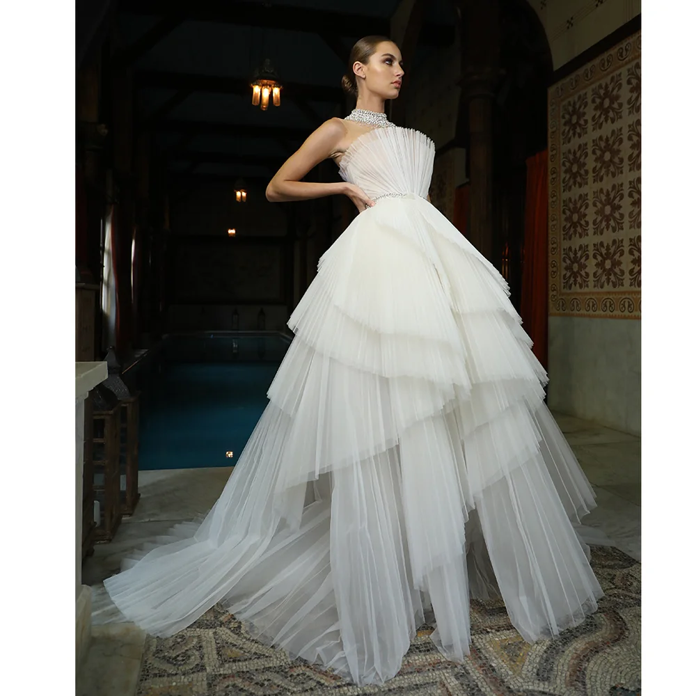 

Fashion Tiered Pleat Prom Dress White Elegant Strapless Floor Length Sweep Train Ball Gowns Homecoming Evening Party Dresses