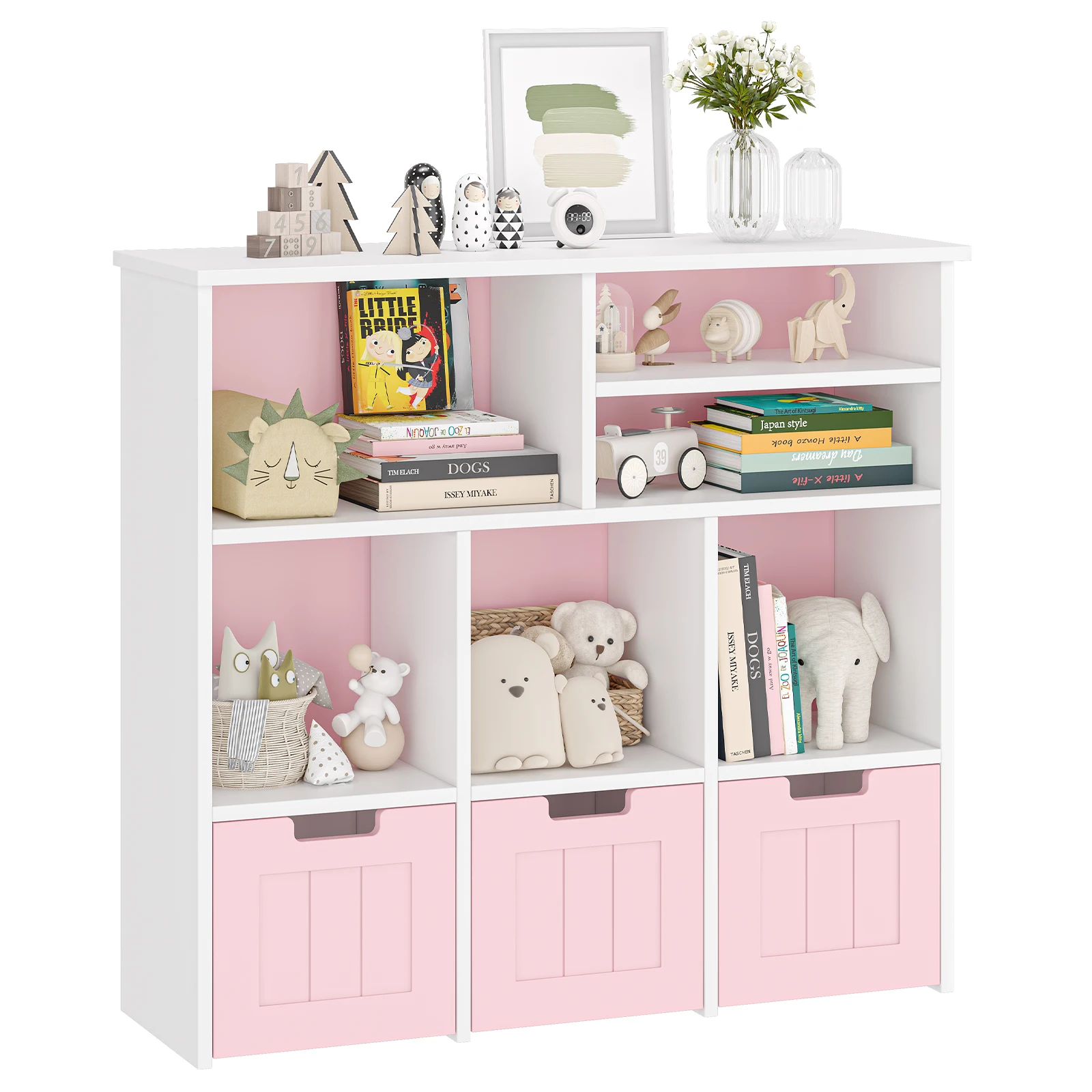 Toy Storage Cabinet with 3 Movable Drawers & 6 Cubes, Bookshelf with Hidden Wheels, Kids Bookcase Toy Storage Organizer