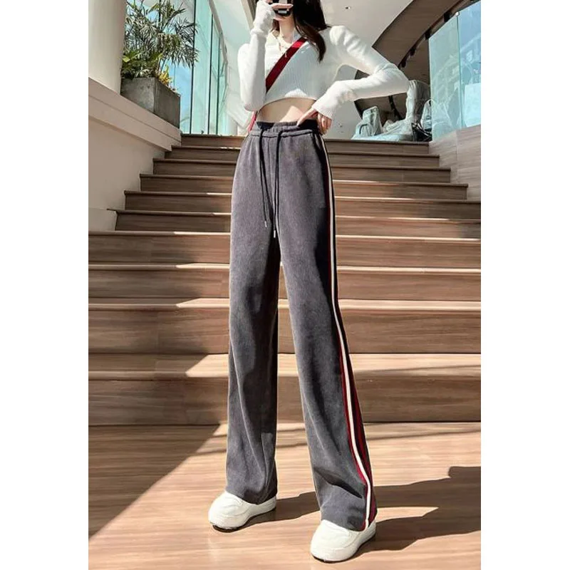 

Autumn and Winter New Striped High Waist Drawstring Spliced Corduroy Wide Leg Fashion Simplicity Loose Women's Straight Pants