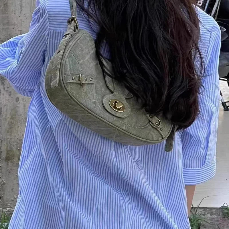 Y2K Fashion Vintage Shoulder Bag American Street Style Rivets Green Canvas Handbag Gothic Punk Biker Cool Designers Underarm Bag