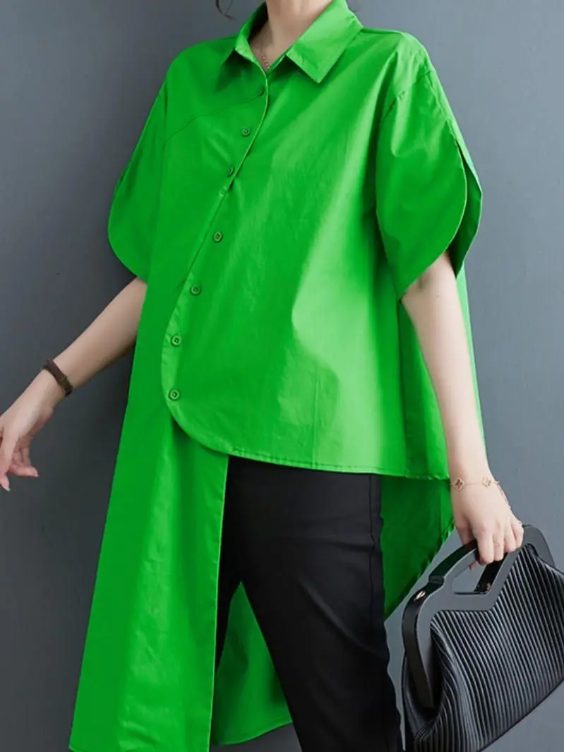 

Women Fashion Solid Summer New Loose Personality Asymmetric Mid Length Cotton Single Breaked Shirt Streetwear Half Sleeve Top