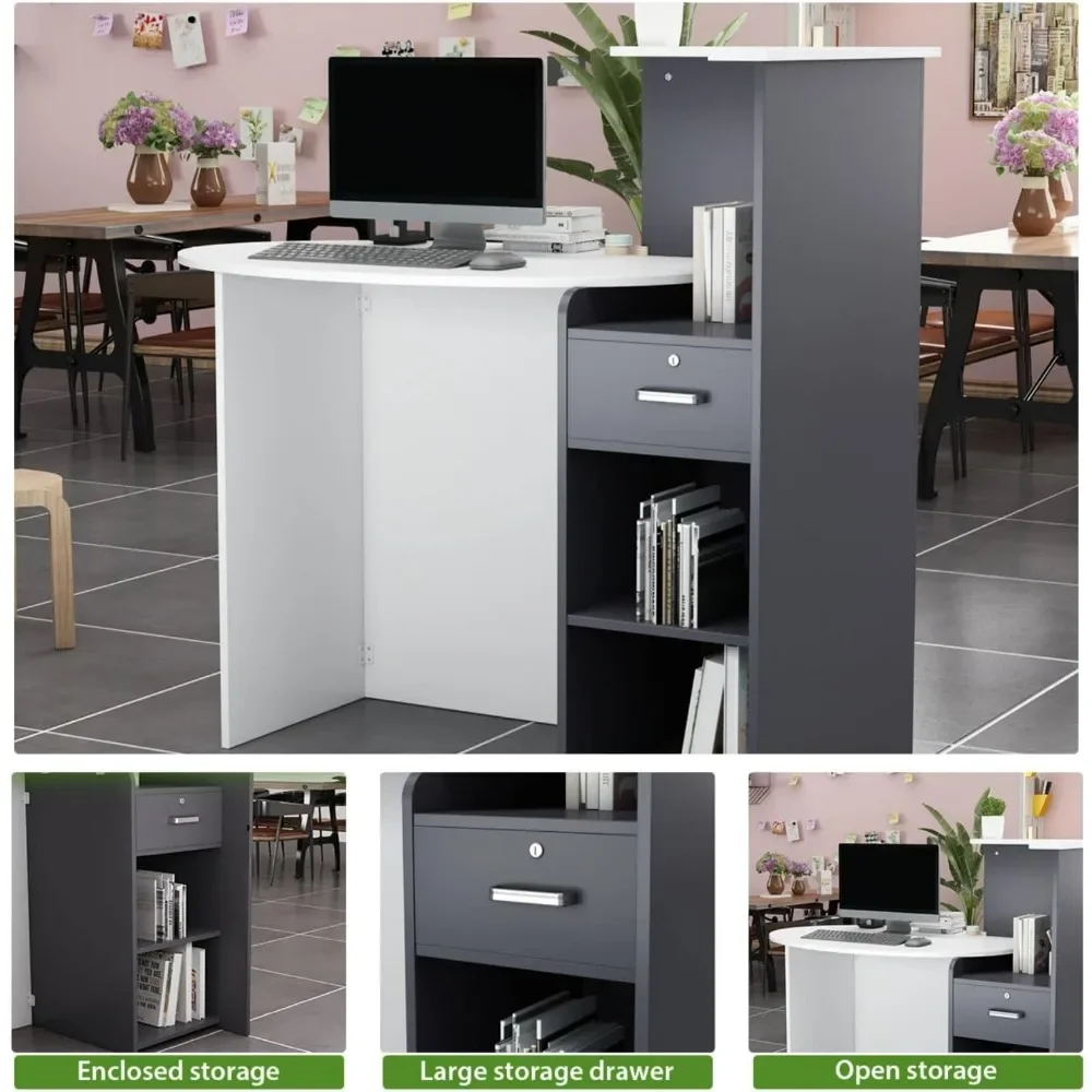 Reception Desk Front Counter Desk with Lockable Drawer & Open Shelves, Front Reception Counter with Elliptical Deskt
