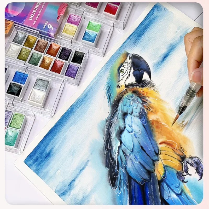 6/12 Colors Solid Watercolor Paint Set ,Metallic Macaron Shimmer Solid Pigment Professional Paint Drawing Art Supplies For Kids