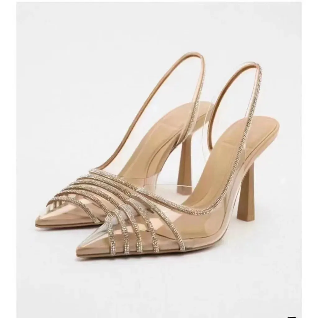 Women high heels shoes summer sandals apricot shiny rhinestone high heels slingback
