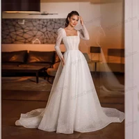 Glitter Wedding Dresses A-Line Bridal Gowns Full Sleeves Robes For Formal Party Square Collar Vestidos De Novia Customized 2025 1
