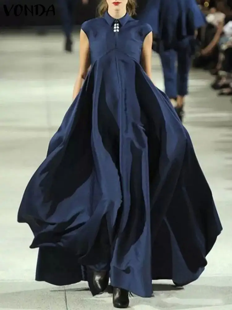 

2023 Summer Elegant Long Sundress VONDA Bohemian Women Maxi Dress Fashion Ruffled Lapel Sleeveless Solid Color Beach Robe Femme