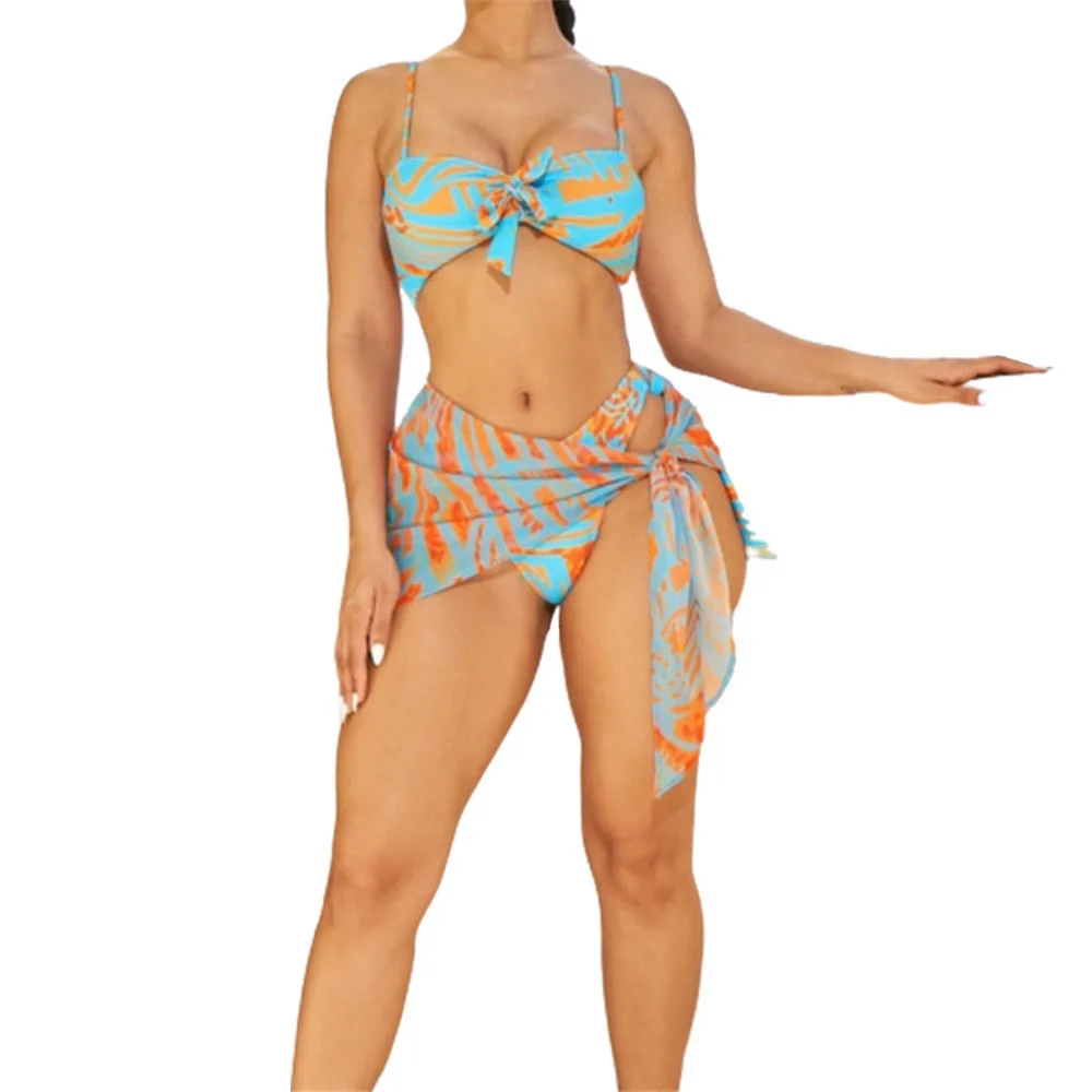 

FS Women Blue Floral Print Stitching Tie Front Cover Ups Bikini Set Lady Split Patchwork Swimsuit Swimwear Three Pieces 2022 New