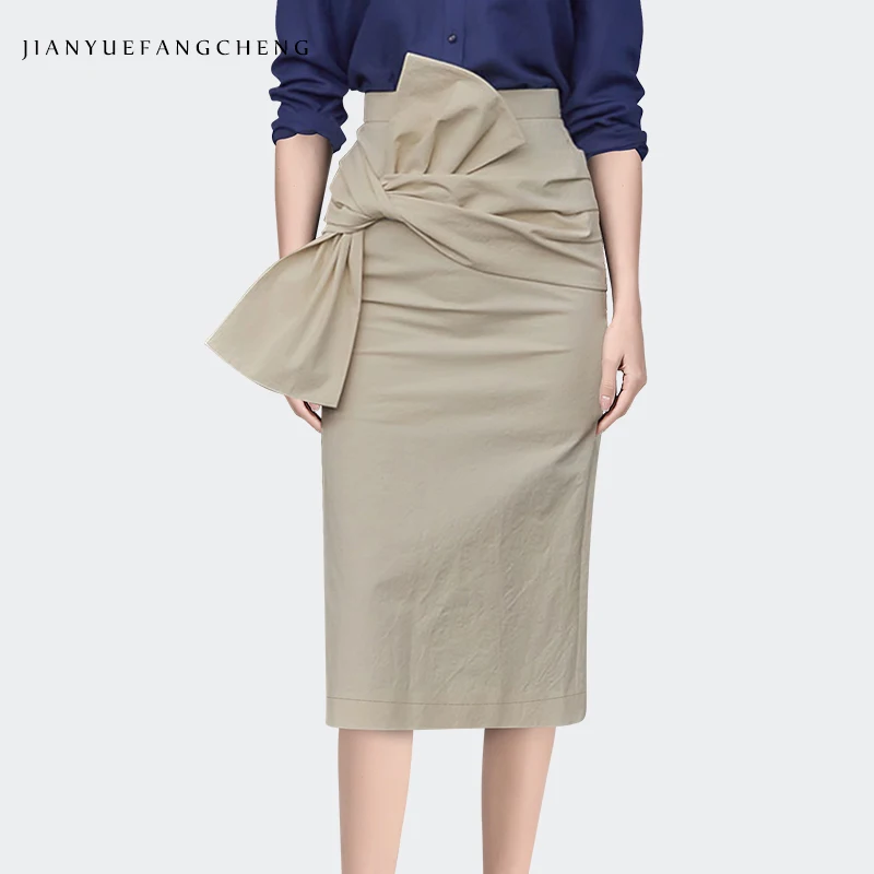 

2023 Spring Summer Women High Waist Pencil Skirt Bow-knot Design Elegant Slimming Office Ladies Working Casual Bottoms