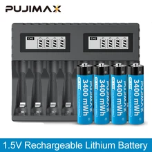  PUJIMAX Original 4Pcs AA1.5V Rechargeable Lithium Battery 3400mWh Large Capacity Li-ion Battery With 8 slot 1.5V Battery Charger 