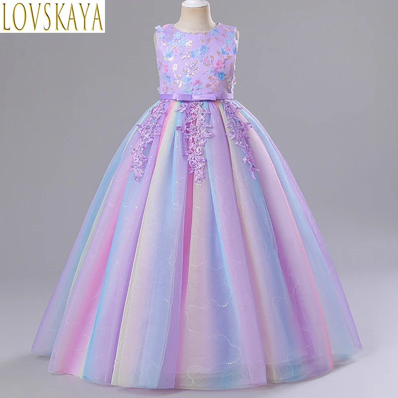

Girl's Sequin Princess Dress 4-12 Year Old Embroidered Colored Mesh Long Dress Flower Boy Ball Evening Dress Halloween