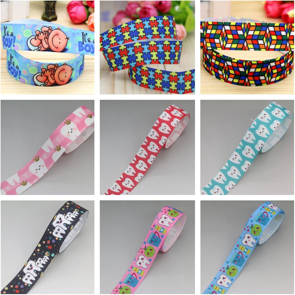 22mm 10yards Teeth Printed Grosgrain Ribbon Accessories Headwear Decoration Collar DIY Sewing Craft DHK Babygirl Boy B2407