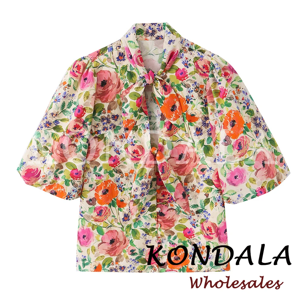 KONDALA Chic Streetwear Bluse mit Blumenmuster, Schleife, Plissee, Einreiher, Mode 2026 Frühling Strandurlaub Vintage Damenhemd