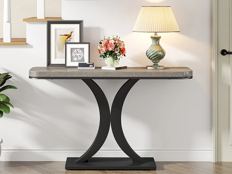 grey entryway console table with black base
