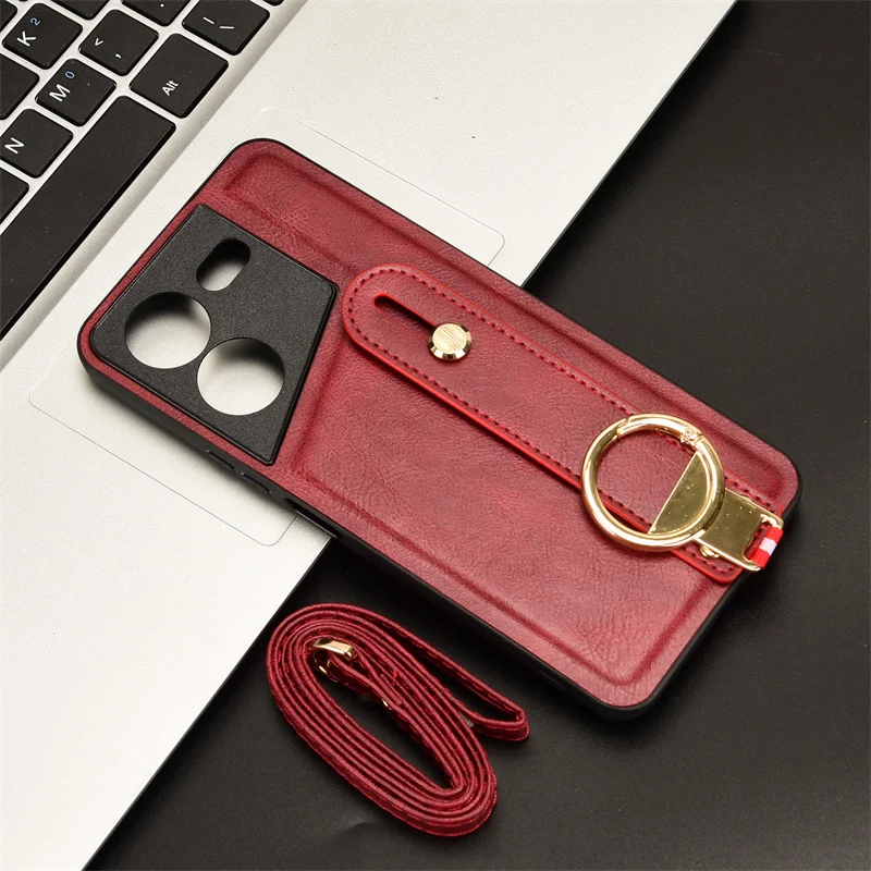 Luxurious Leather Wristband Hand Strap Kickstand Metal Ring Phone Case