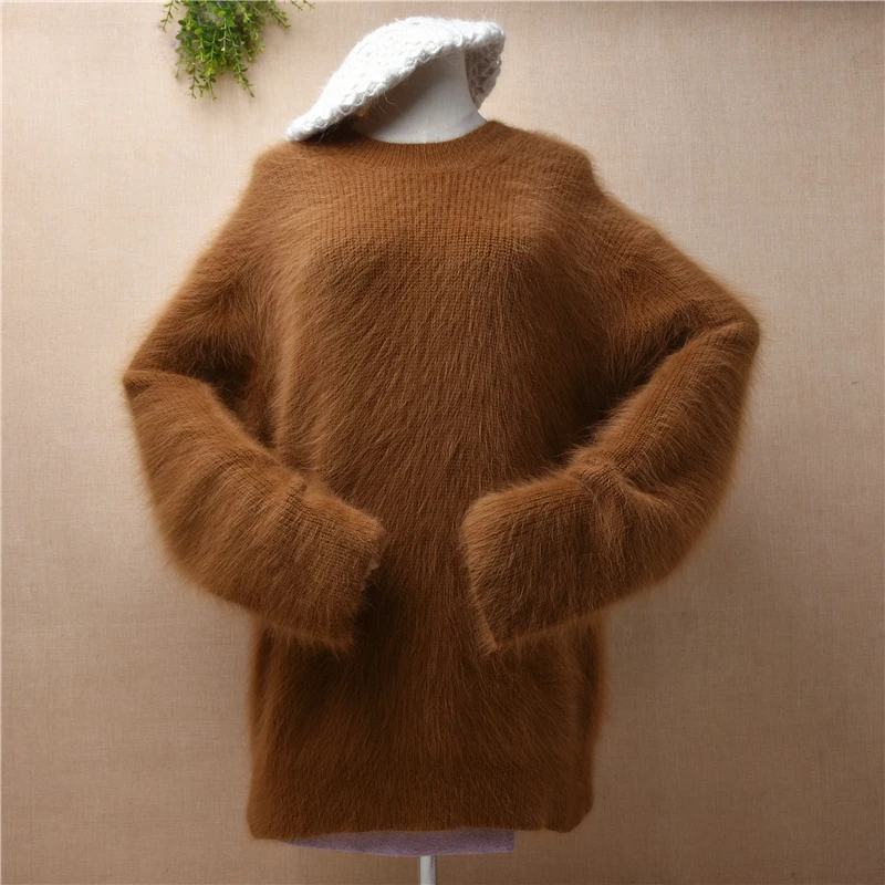 

04 Female Women Fall Winter Clothing Hairy Mink Cashmere Knitted O-Neck Loose Pullover Jumper Angora Rabbit Fur Sweater Pull Top